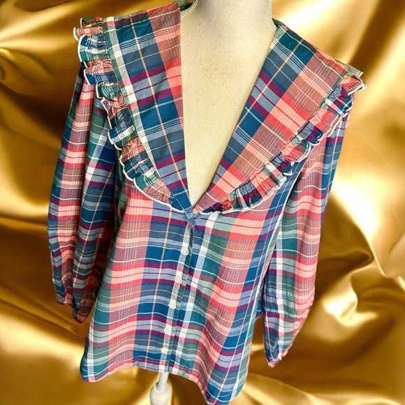 NWOT Free People ‘Molly Ruffle’ Top in “Pink / Blue Combo Plaid” Size XS - Picture 15 of 16